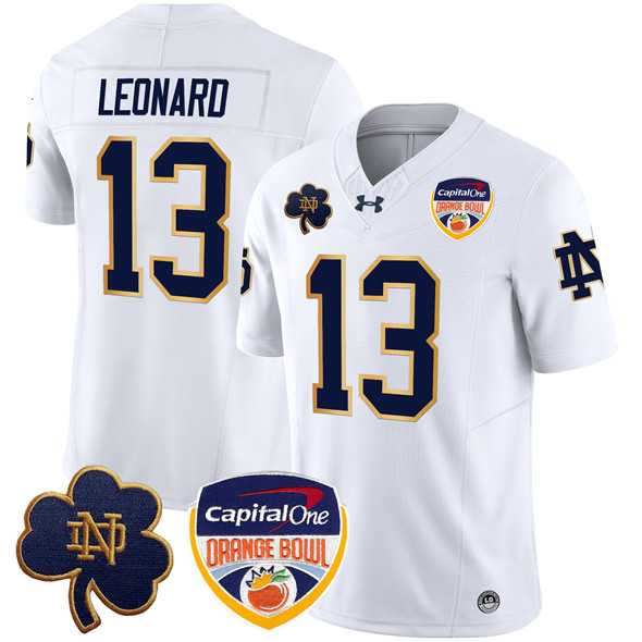 Mens Notre Dame Fighting Irish #13 Riley Leonard White F.U.S.E. 2024 Orange Bowl Patch Limited Stitched Jersey Dzhi